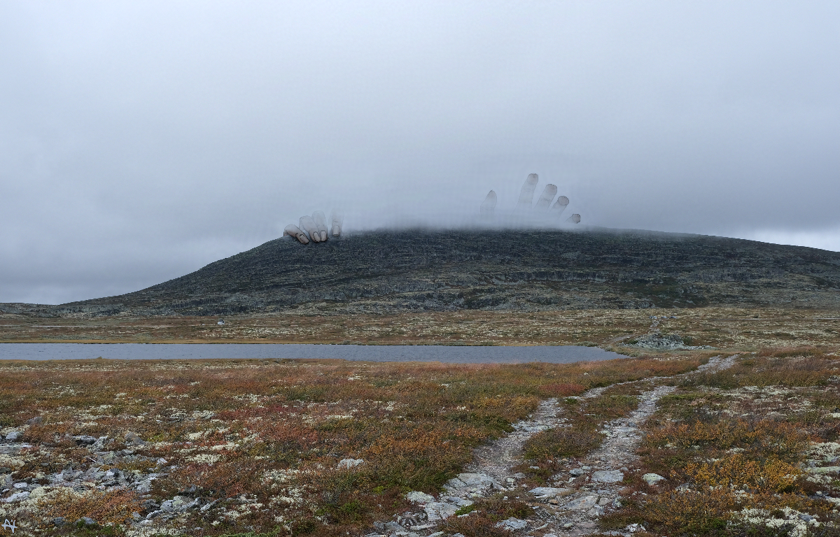 Photo et dessin de mains gigantesques posées sur une montagne embrumée